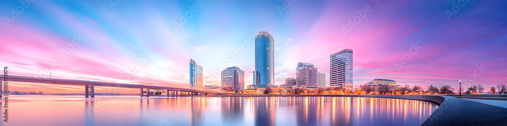 Naklejka premium A city skyline with a bridge in the foreground