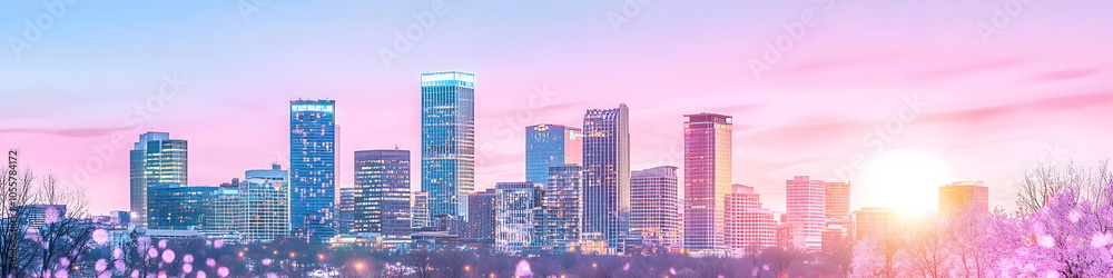 Obraz premium A city skyline with a pink and purple sky