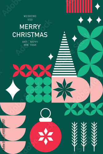 Abstract geometric Christmas and New Year banner with mosaic elements, ideal for a modern holiday greeting card in vector style.