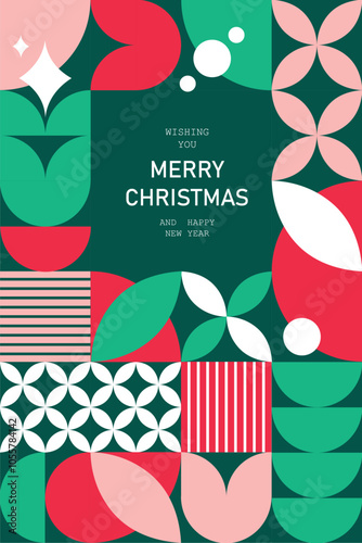 Minimalist Christmas poster with mosaic elements in geometric style, perfect as a modern holiday greeting card. Vector illustration.