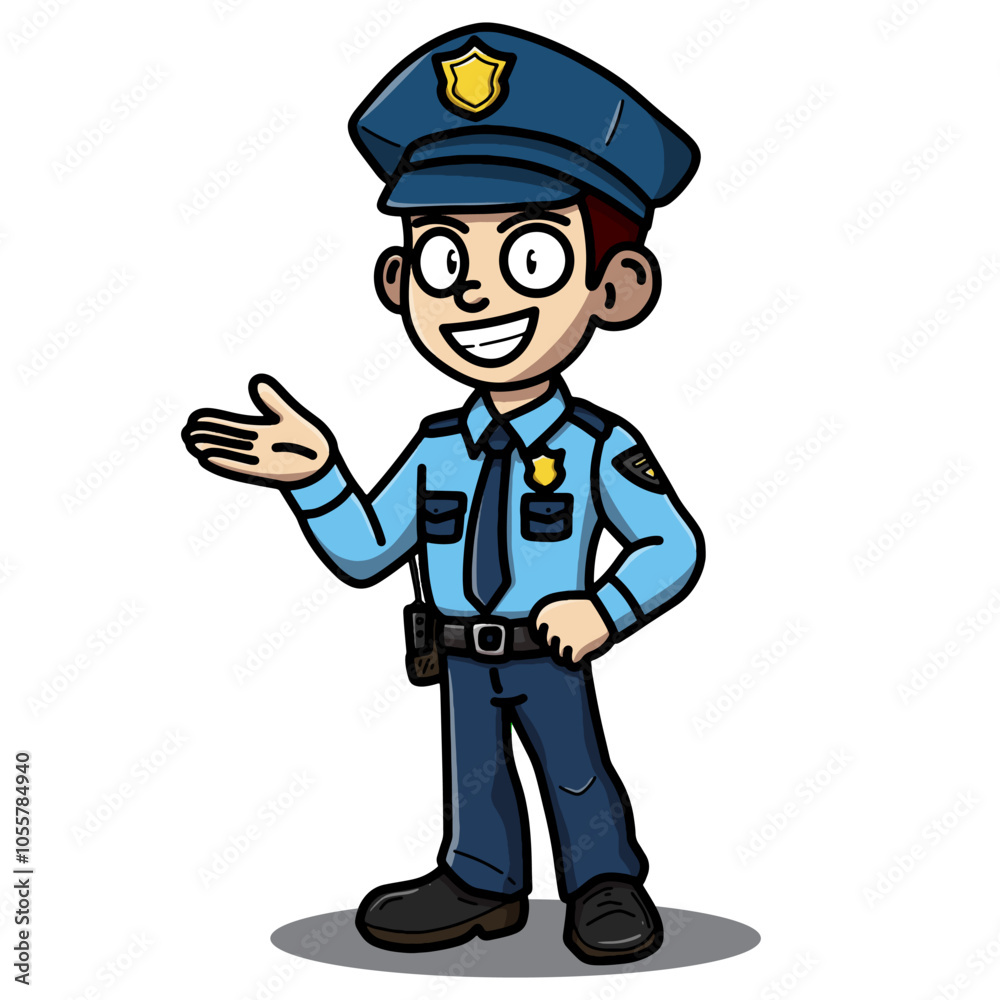 A cheerful cartoon illustration of a police officer in uniform, smiling and gesturing with one hand. Ideal for security, law enforcement, or community service themes with a friendly vibes.