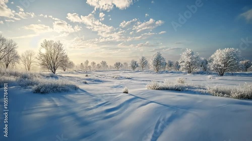 Snowy landscapes with vast white fields, untouched snow, and delicately snow-covered trees create a magical atmosphere of serenity and purity. . Video
