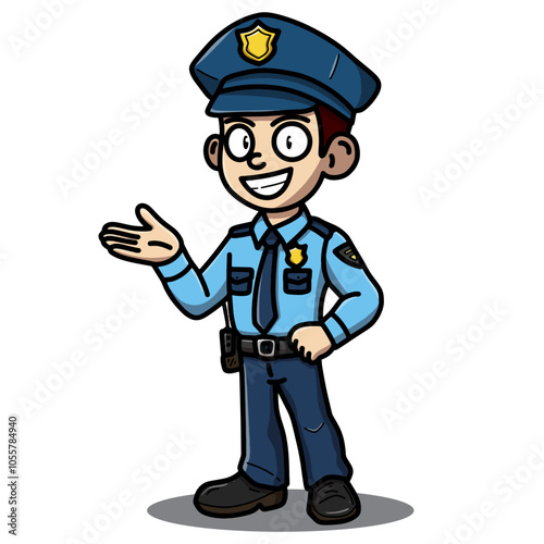 A cheerful cartoon illustration of a police officer in uniform, smiling and gesturing with one hand. Ideal for security, law enforcement, or community service themes with a friendly vibes.