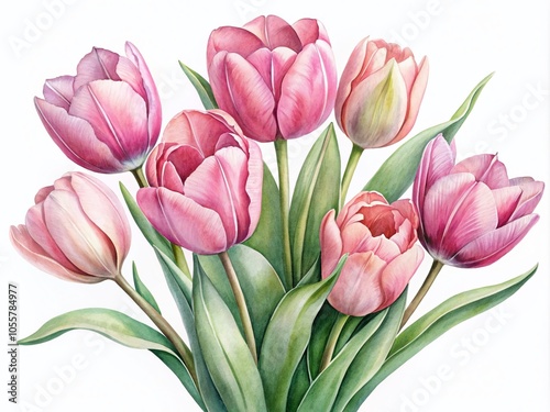 Delicate Pink Watercolor Tulips Floral Composition for Postcards and Textiles