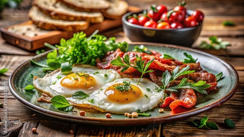 Delicious Breakfast with Fried Eggs and Crispy Bacon on a Plate - High Depth of Field Food Photography