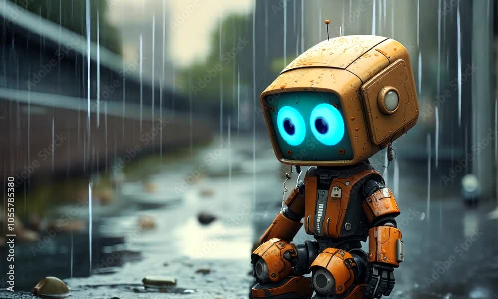 cute little sad robot sits in rain animation cute little sad robot sits in rain animation