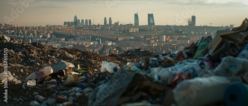 Urban skyline looms over foreground litter, contrasting modernity with environmental neglect. #1055785570