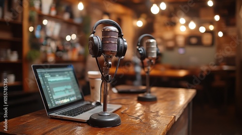 Two microphones, headphones and laptop on a table in a podcast studio, ready for recording. photo