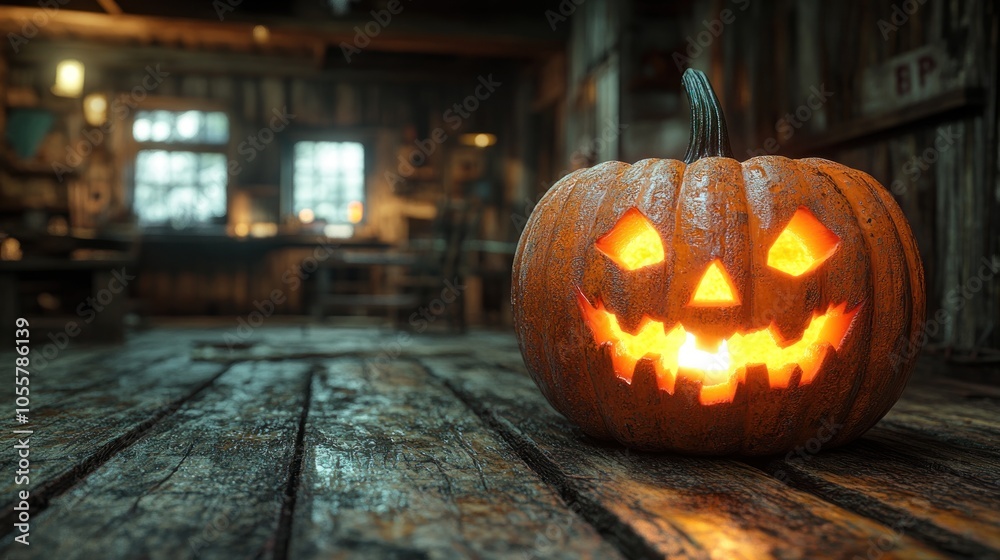Fototapeta premium A glowing jack-o'-lantern in a rustic, dimly lit setting.