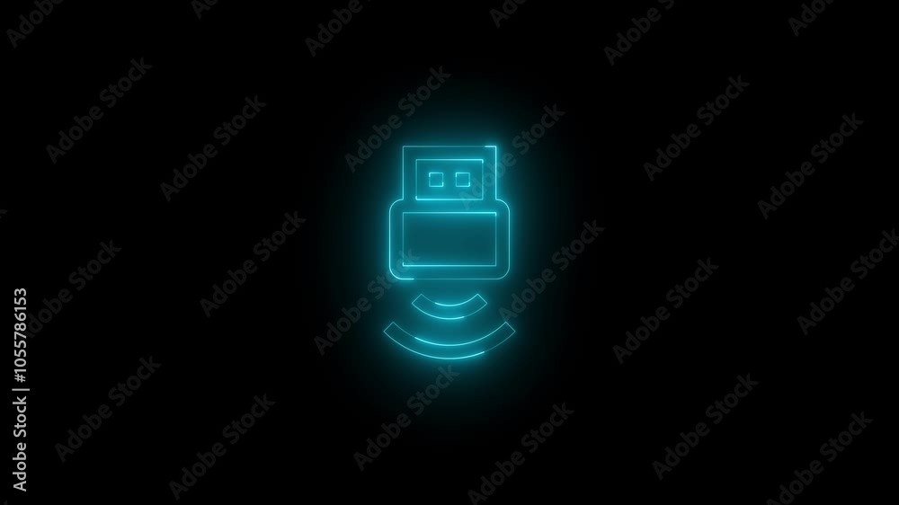 Neon wireless usb icon glowing black background animation Neon wireless usb icon glowing black background animation