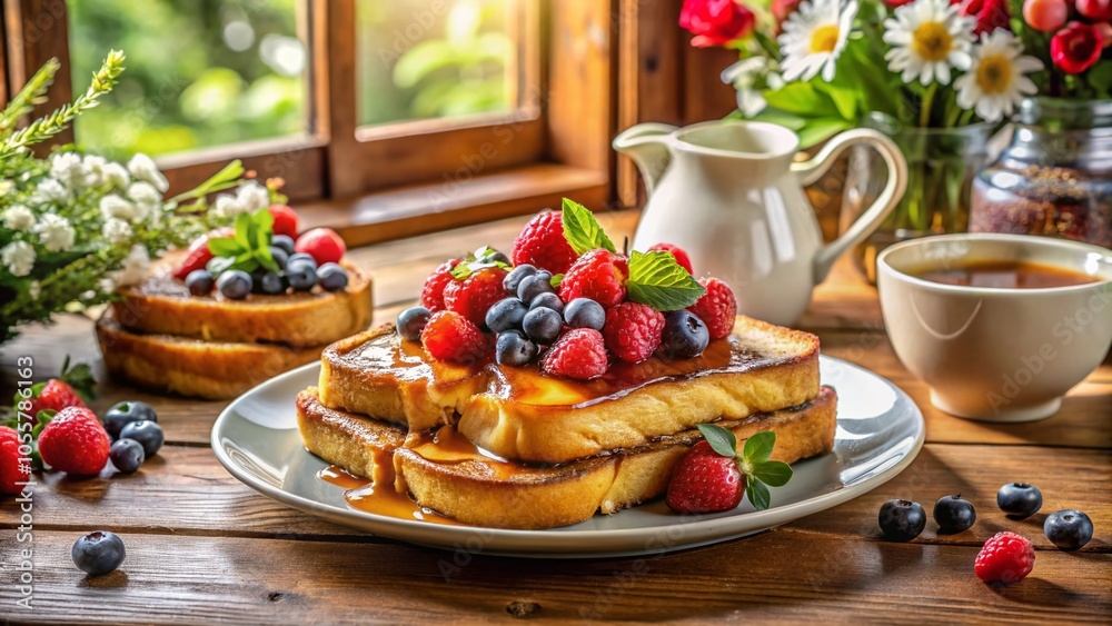 Delicious French Toast with Fresh Berries and Maple Syrup for Breakfast Delicious French Toast with Fresh Berries and Maple Syrup for Breakfast
