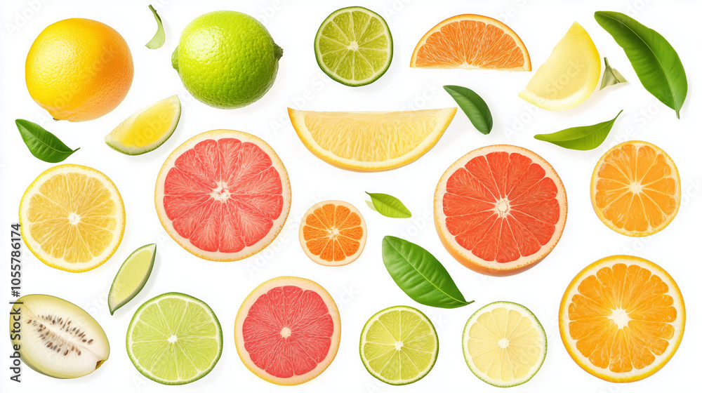 Obraz premium A vibrant collection of citrus fruits, orange, lemon and grapefruit arranged beautifully isolated on a white background showcasing their colors and textures