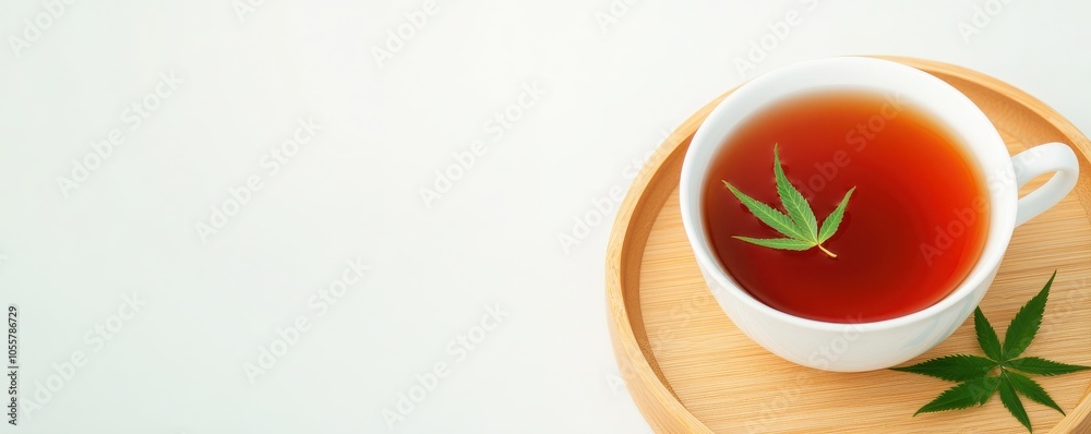 A serene image of a cup of tea with a green leaf, set on a wooden surface, evoking calm and relaxation. A serene image of a cup of tea with a green leaf, set on a wooden surface, evoking calm and relaxation.