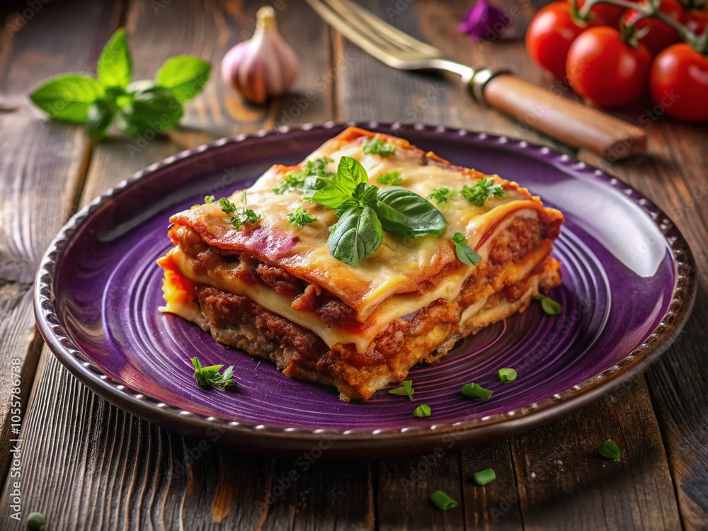 Delicious Lasagna Slice in Purple Plate Captured by Drone Photography for Culinary Delight Delicious Lasagna Slice in Purple Plate Captured by Drone Photography for Culinary Delight