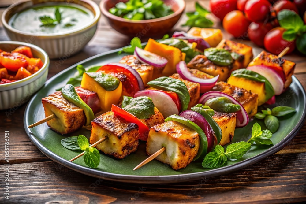 Delicious Paneer Tikka Platter with Vibrant Spices and Fresh Vegetables for Authentic Indian Cuisine Experience Delicious Paneer Tikka Platter with Vibrant Spices and Fresh Vegetables for Authentic Indian Cuisine Experience