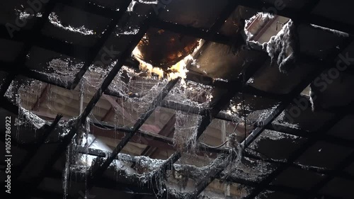 hole on ruined decayed demolished abandoned building ceiling dust and structure