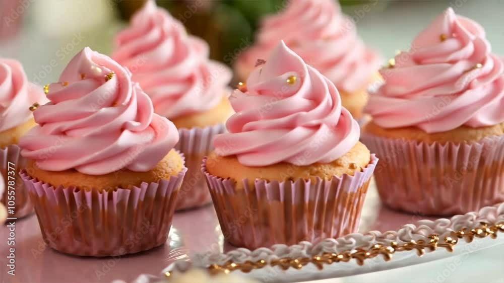 Delicious pink frosting cupcakes with golden sprinkles are ultimate sweet treats for any celebration or party, making them must have from your favorite bakery of baked goods.