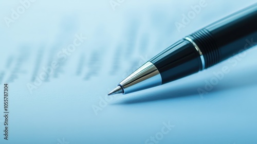 A close up of a pen on a document against a soft blue background representing creativity and innovation in the business world