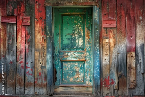 Turquoise weathered door standing on old abandoned rustic building with peeling paint