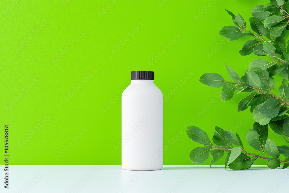 The mock up features a neutral sustainable natural brand product showcase template displayed on a concrete textured wall with a podium stage in the background, with a green glass vase filled with