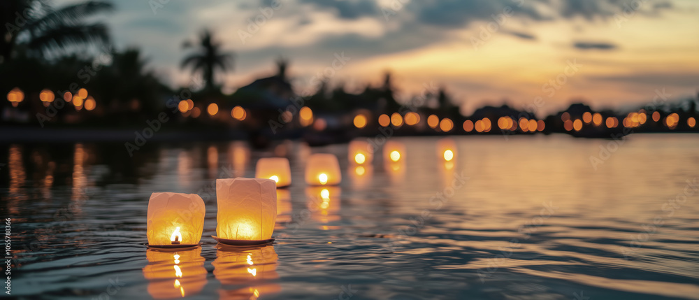 Tranquil lanterns floating on a serene lake at sunset Tranquil lanterns floating on a serene lake at sunset