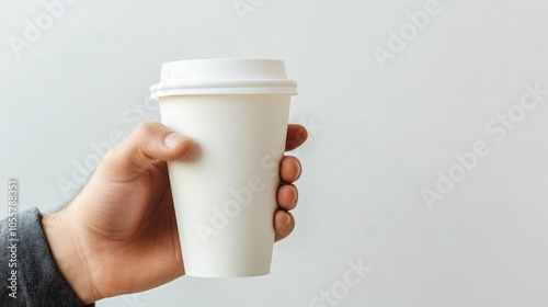 Man s hand gripping a blank paper coffee cup with a white lid photo