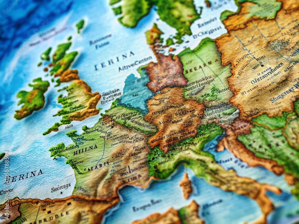 Detailed Macro Photography of Western Europe Map Terrains for Geographic Exploration and Education Detailed Macro Photography of Western Europe Map Terrains for Geographic Exploration and Education