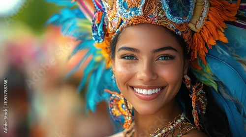 Smiling woman in colorful headdress at a vibrant cultural event.