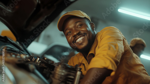 Mechanic smiling while working on a car engine