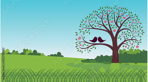 Romantic Lovebirds on Branch with Heart illustration