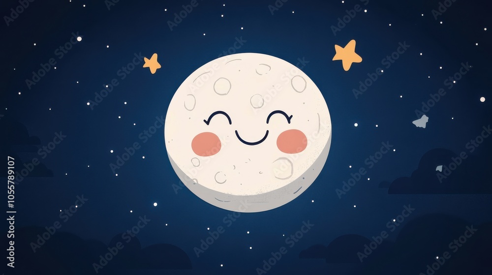 Cartoon Moon in Night Sky with Floating Stars Cartoon Moon in Night Sky with Floating Stars