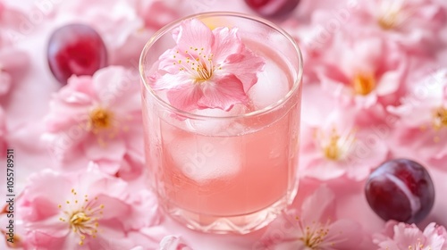 Pastel pink cherry blossoms surround a refreshing glass of plum juice infused with the essence of sakura petals