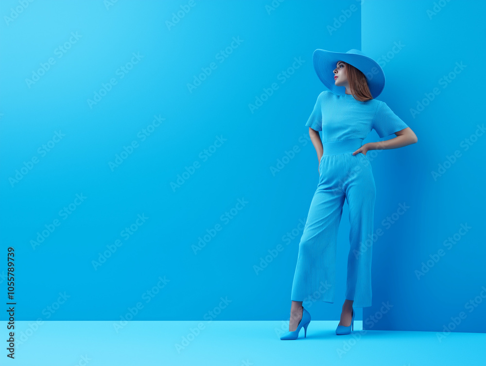 Obraz premium Piękna kobieta cała ubrana na niebiesko na niebieskim tle 