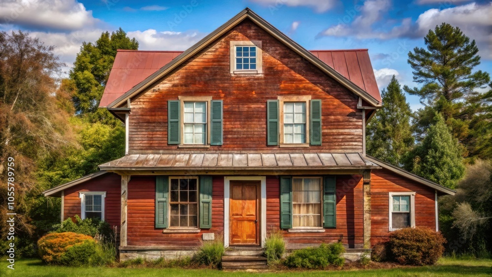 Rustic Rust Colored House with Siding and Shutters in Suburban Scenery Rustic Rust Colored House with Siding and Shutters in Suburban Scenery