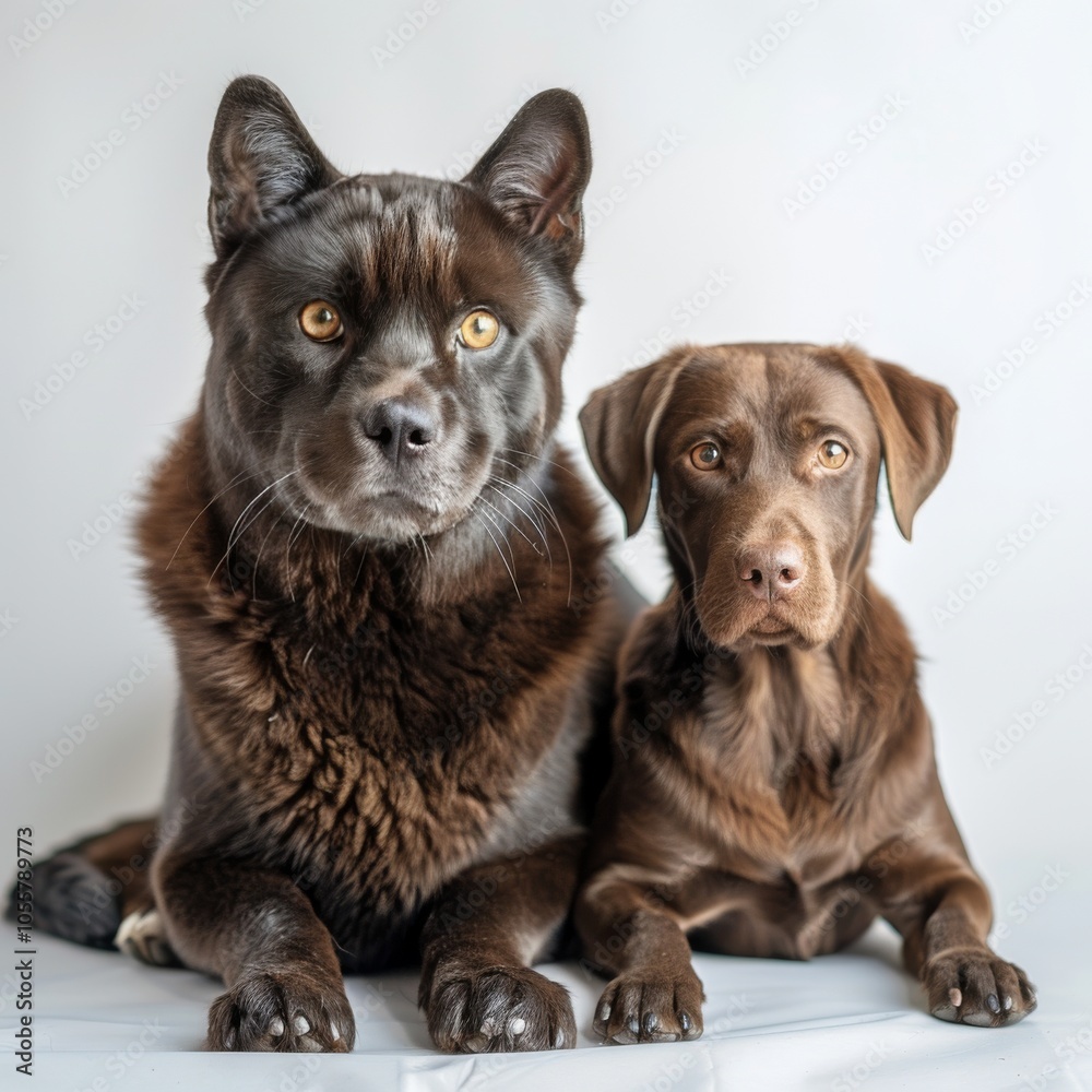 Fototapeta premium Brown Tabby Cat and Chocolate Labrador Retriever Posing Together on White Background