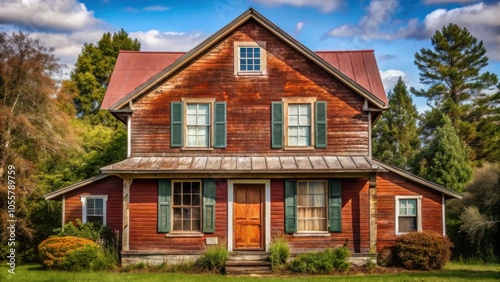 Rustic Rust Colored House with Siding and Shutters in Suburban Scenery