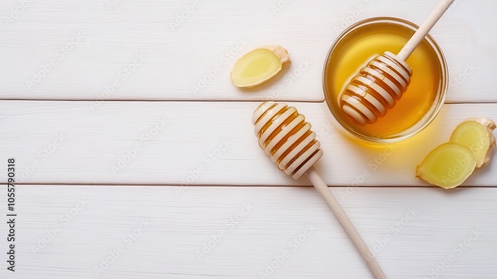 A honey dipper and slices of ginger beside a bowl of honey on a wooden surface, showcasing natural ingredients and healthy living. A honey dipper and slices of ginger beside a bowl of honey on a wooden surface, showcasing natural ingredients and healthy living.