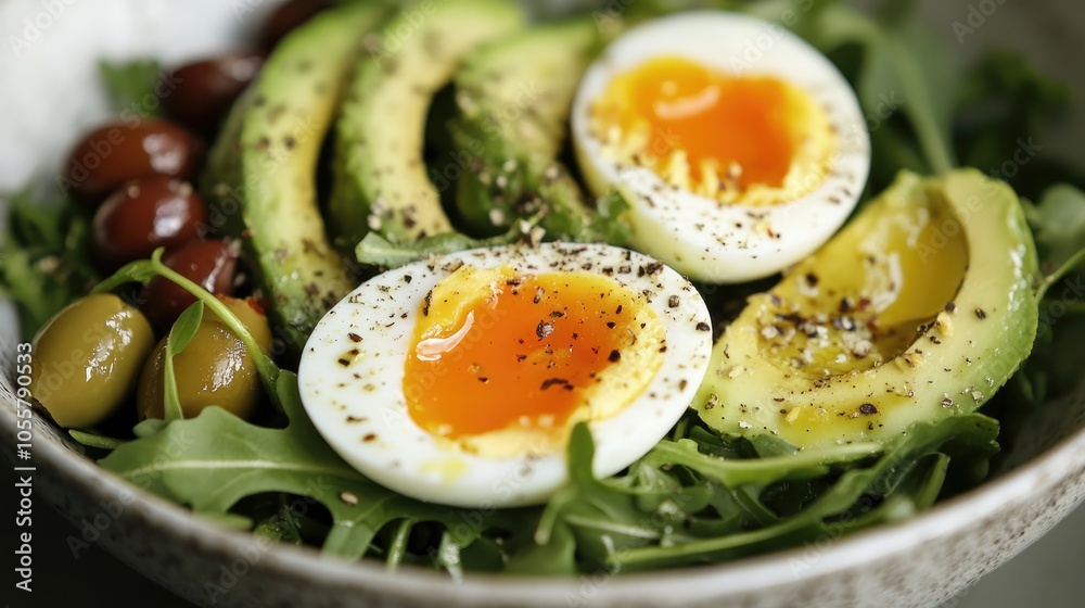 Nutritious salad featuring arugula avocado eggs and olives Nutritious salad featuring arugula avocado eggs and olives