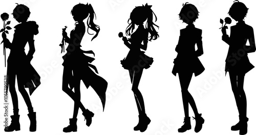 Five anime characters, both male and female, are holding roses and posing in silhouette sheet illustration