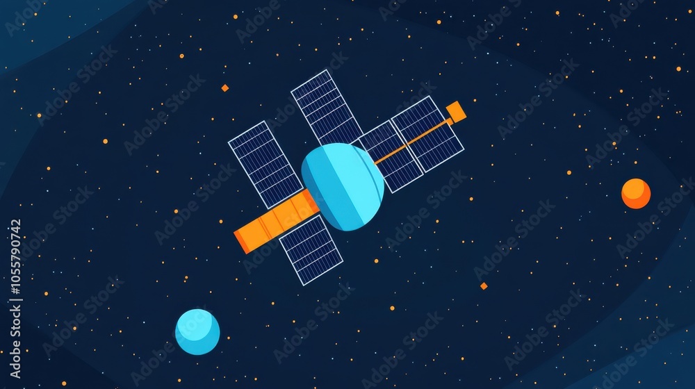Cartoon Satellite with Solar Panels in Space Cartoon Satellite with Solar Panels in Space