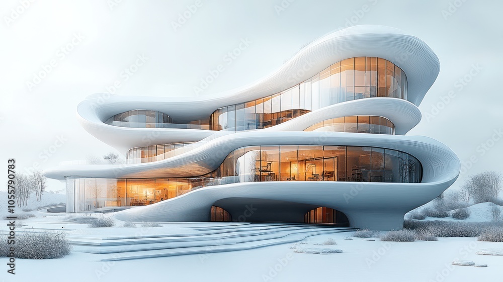 Modern, fluid architecture in a snowy landscape with large windows. Modern, fluid architecture in a snowy landscape with large windows.