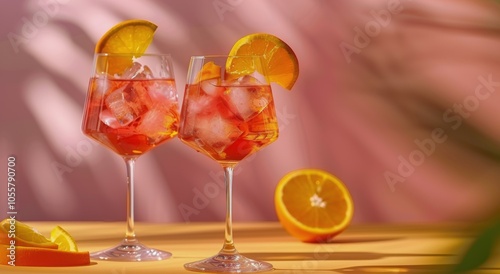 Two Glasses of Orange Aperol Spritz Cocktails on a Table With Oranges