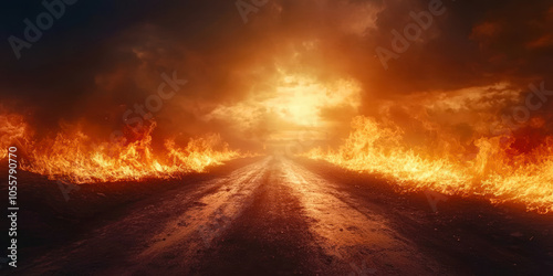 A road with a bright orange sky and a fire burning in the background