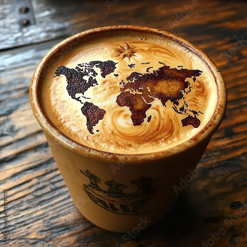 A beautifully crafted latte topped with intricate latte art depicting a world map, served in a rustic cup, set against a textured wooden table