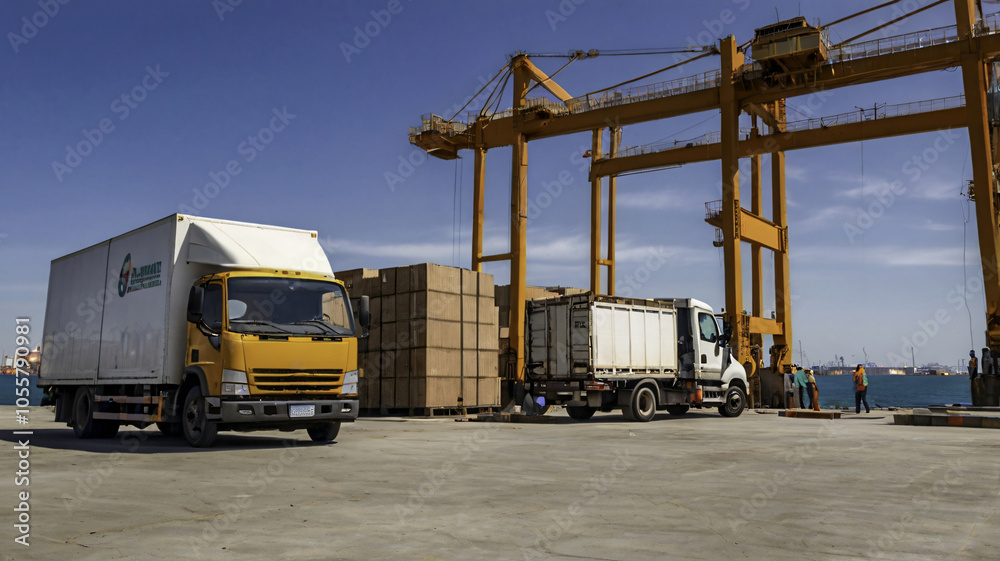 Trucks waiting to be loaded at a cargo port with cranes and dockworkers Trucks waiting to be loaded at a cargo port with cranes and dockworkers