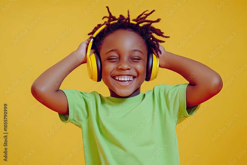 A boy wearing white headphones is dancing and singing happily, with his eyes closed on an isolated yellow background. A boy wearing white headphones is dancing and singing happily, with his eyes closed on an isolated yellow background.