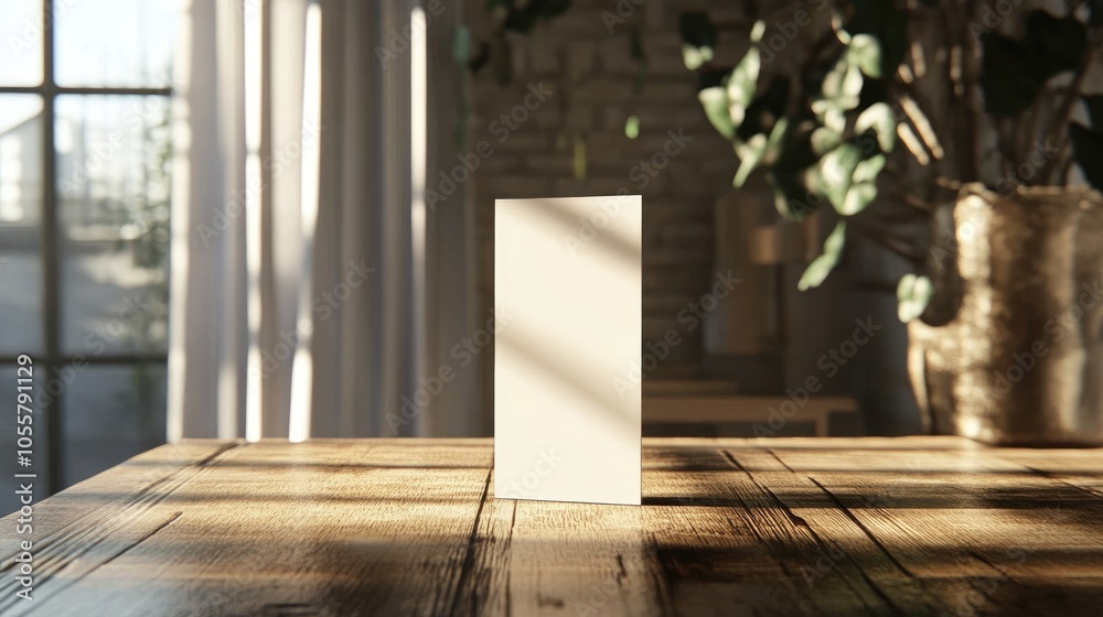A standing brochure mockup on a wooden table bathed in soft natural light that casts gentle shadows in a cozy environment A standing brochure mockup on a wooden table bathed in soft natural light that casts gentle shadows in a cozy environment
