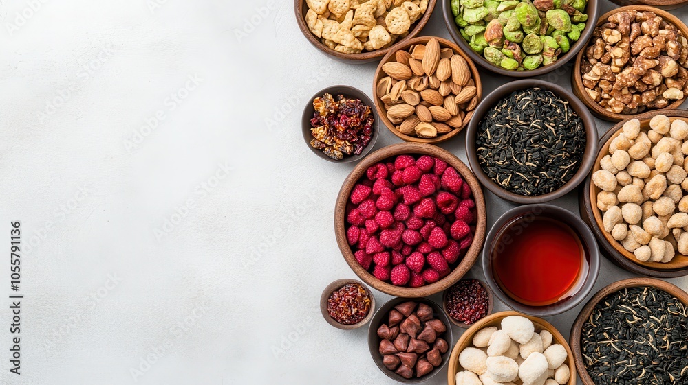 A vibrant assortment of spices and nuts arranged in bowls, showcasing rich colors and textures on a light background.