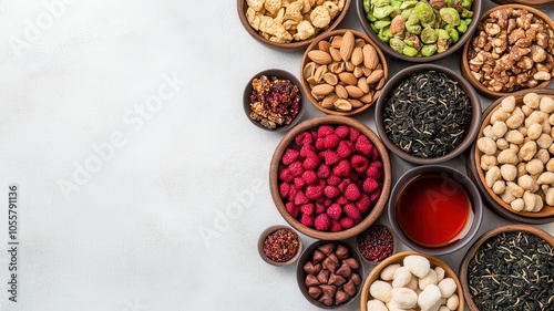 Wallpaper Mural A vibrant assortment of spices and nuts arranged in bowls, showcasing rich colors and textures on a light background. Torontodigital.ca