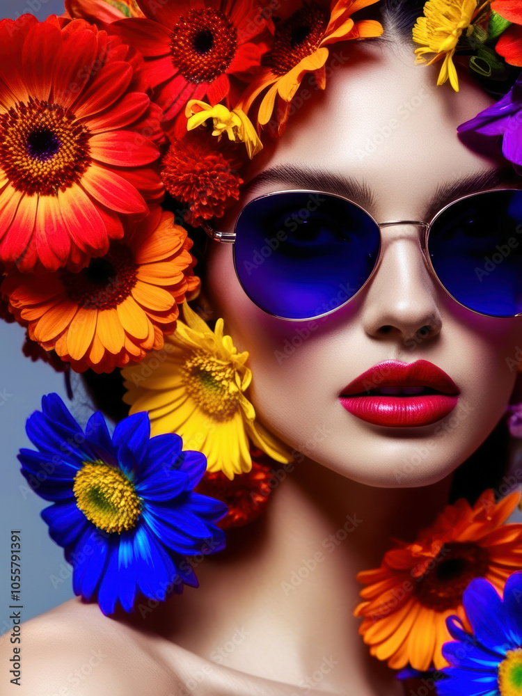 A woman is wearing a colorful flower headdress and sunglasses